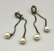 Load image into Gallery viewer, Vintage Pearl and Marcasite Sterling Silver drop earrings
