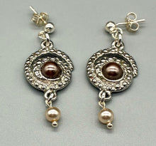 Load image into Gallery viewer, Vintage Silver Swirl Cocoa Pearl drop Earrings