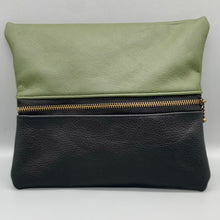 Load image into Gallery viewer, Sage Green and Charcoal Black Bicolour Leather Jewellery Pouch