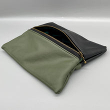 Load image into Gallery viewer, Sage Green and Charcoal Black Bicolour Leather Jewellery Pouch