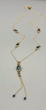 Load image into Gallery viewer, Gold Plated Blue Y-Drop Necklace with Vintage Elements
