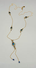 Load image into Gallery viewer, Gold Plated Blue Y-Drop Necklace with Vintage Elements
