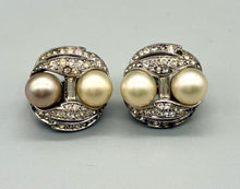 Load image into Gallery viewer, Vintage Trifari clip on Pearl and rhinestone earrings
