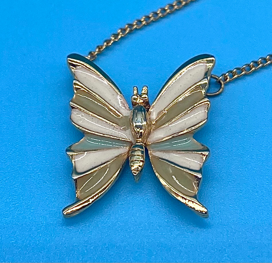 Vintage Gold Tone and Enamel Butterfly Necklace