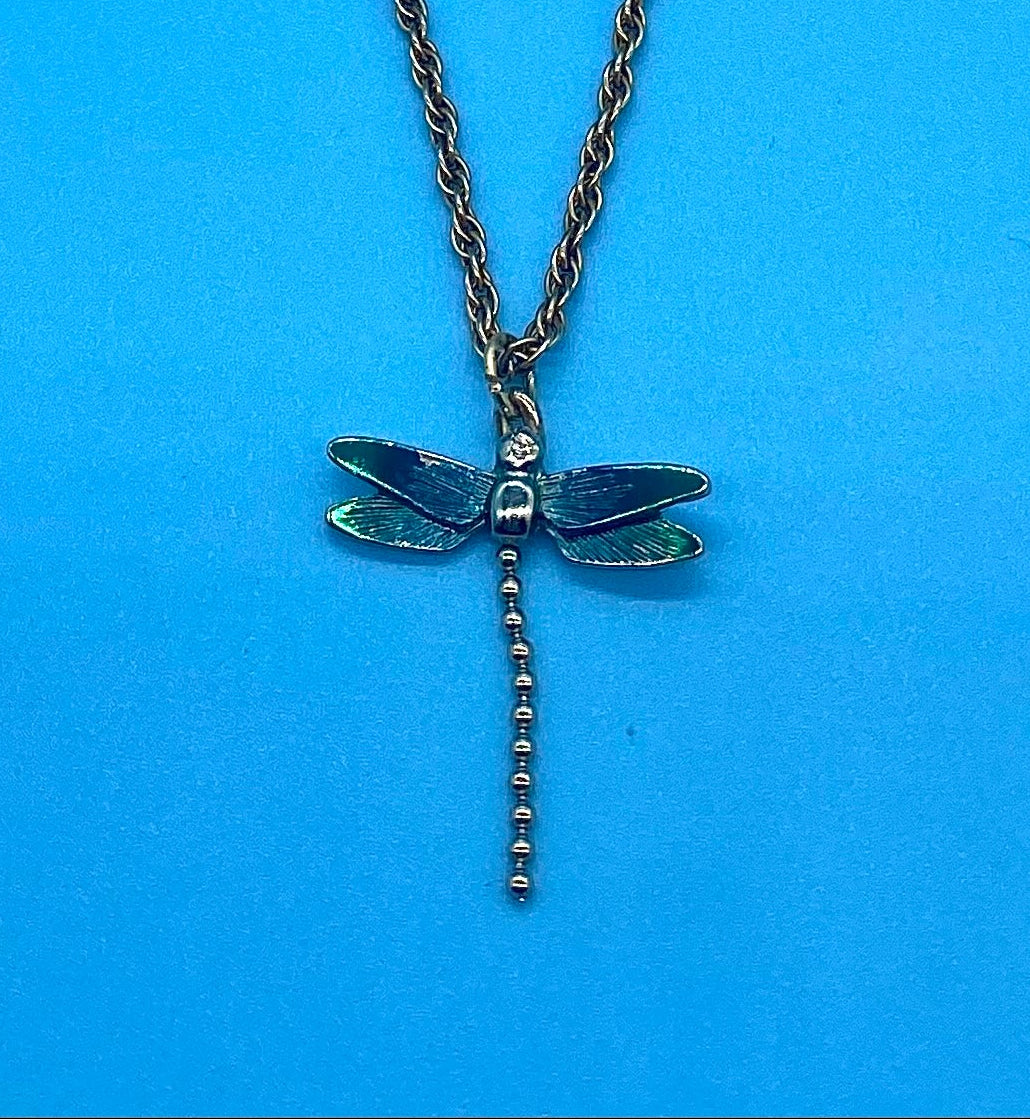 Vintage Teal Enamel Dragonfly Necklace