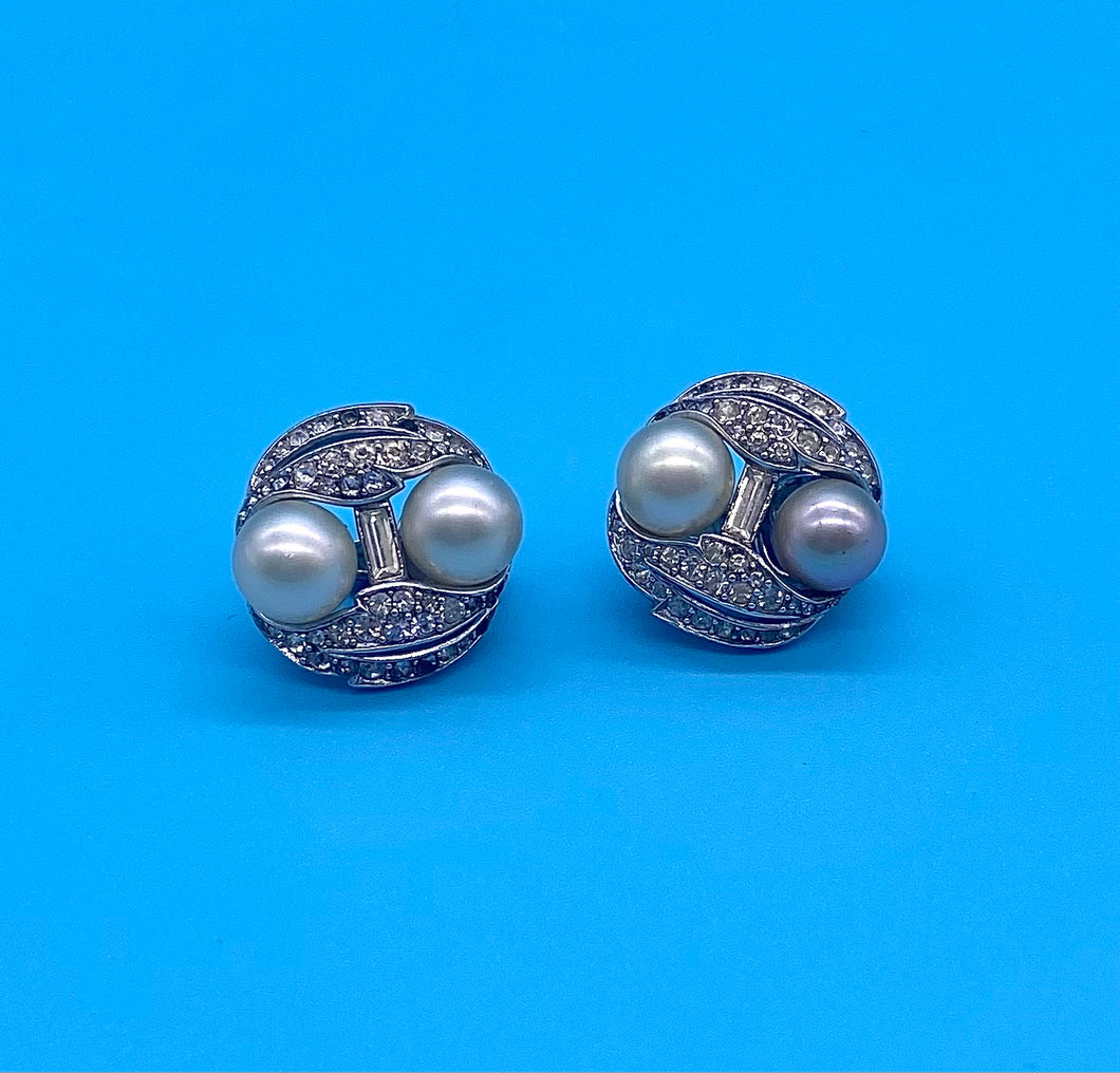Vintage Trifari clip on Pearl and rhinestone earrings