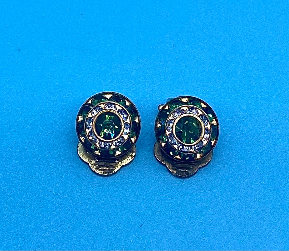 Vintage Small Green Rhinestone clip on earrings