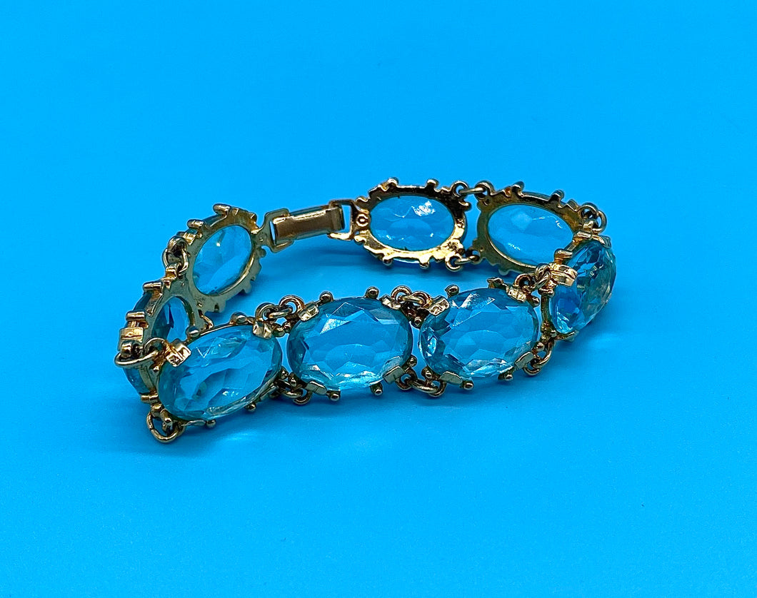 Vintage Art Deco Pale Blue Faceted Crystal Gem Link Bracelet