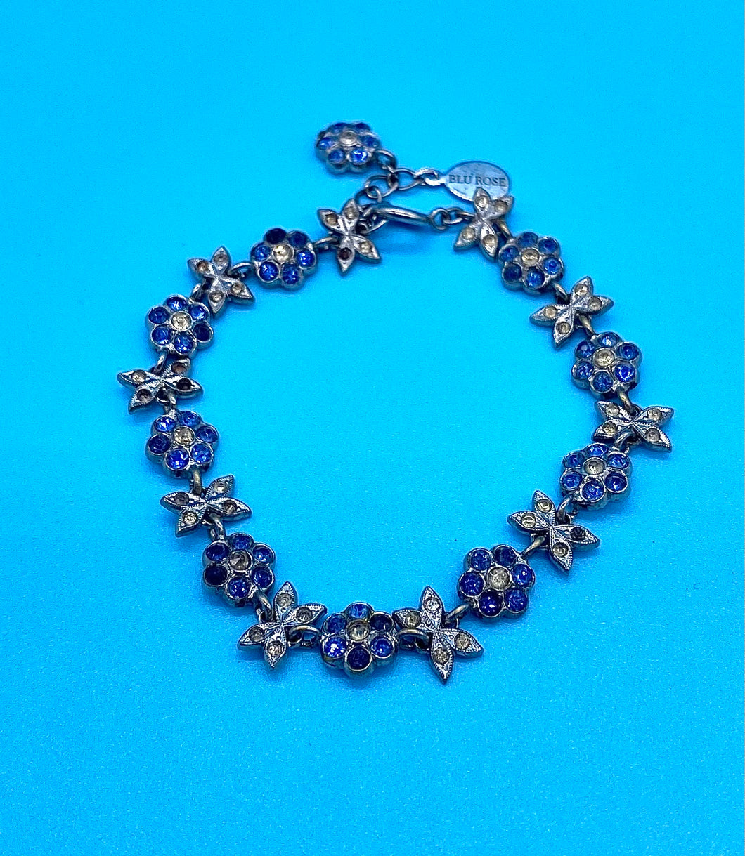 Vintage Blue Rhinestone Daisy Chain and Butterfly Bracelet