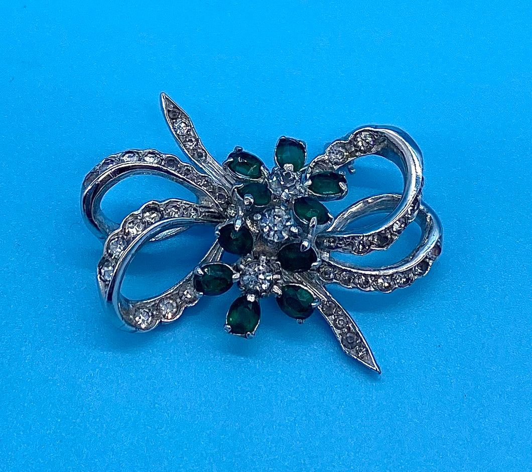 Vintage Emerald Green Rhinestone Bow and Flower Brooch
