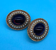 Load image into Gallery viewer, Vintage Jewelcraft Gold tone Red Cabochon Stone clip on earrings
