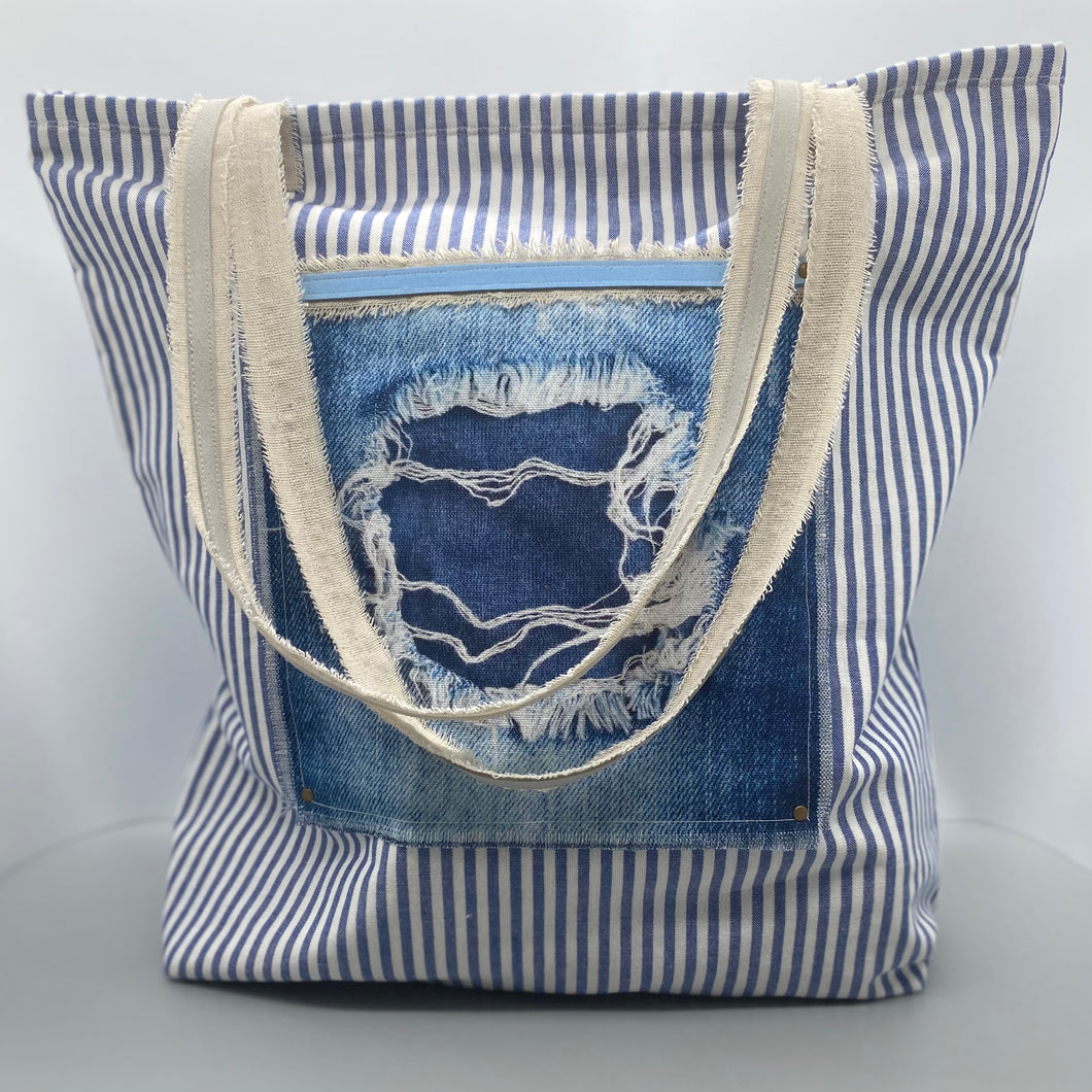 Blue and white stripe tote