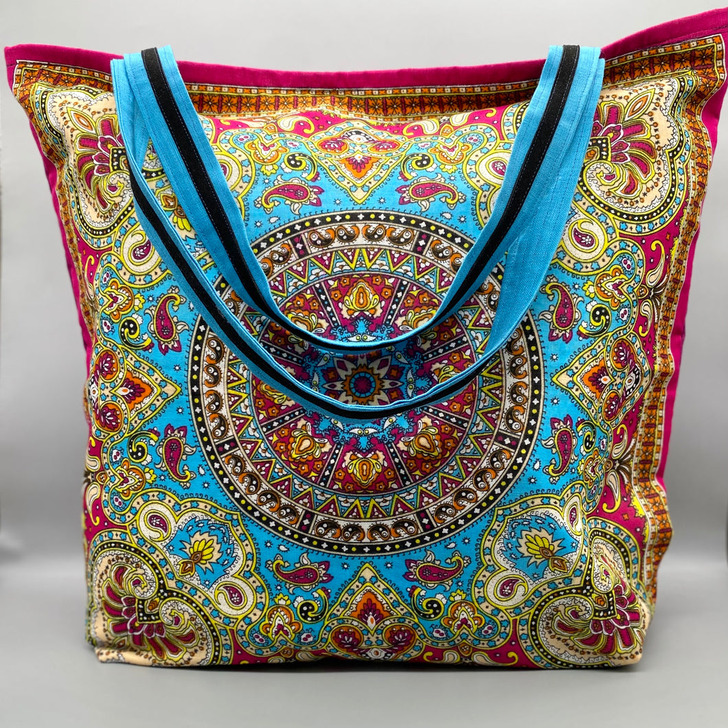 Ethnic print cotton & linen tote