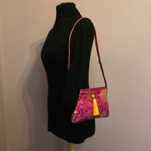 Load image into Gallery viewer, Magenta pink &amp; gold vintage silk yellow tassel shoulder bag
