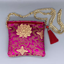 Load image into Gallery viewer, Magenta pink &amp; gold vintage silk red tassel chain crossbody bag
