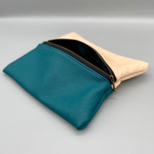 Load image into Gallery viewer, Leather split colour teal/cream pouch
