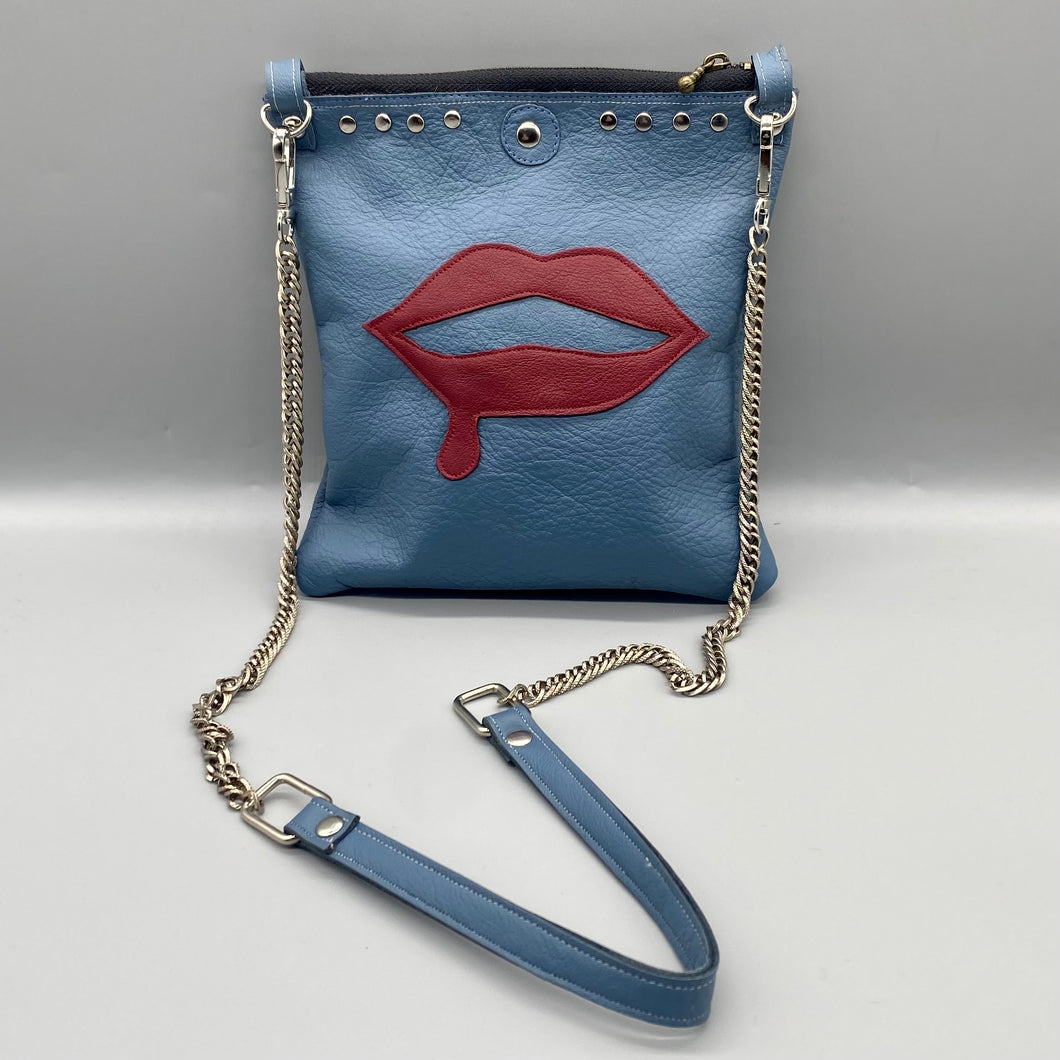 Steel blue leather lip drip shoulder bag