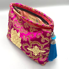 Load image into Gallery viewer, Magenta pink &amp; gold vintage silk blue tassel pouch
