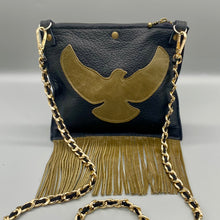 Load image into Gallery viewer, Leather fringed open winged dove crossbody bag
