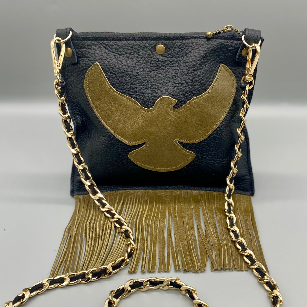 Leather fringed open winged dove crossbody bag