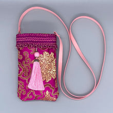 Load image into Gallery viewer, Magenta pink and gold vintage silk pink tassel cross body phone pouch bag
