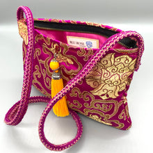 Load image into Gallery viewer, Magenta pink &amp; gold vintage silk yellow tassel shoulder bag
