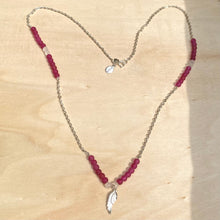 Load image into Gallery viewer, Dark pink frosted bead and sterling silver angel wing necklace
