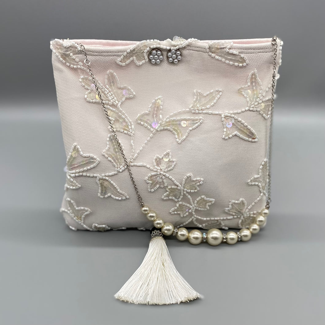 Vintage white silk and hand beaded lace shoulder bag