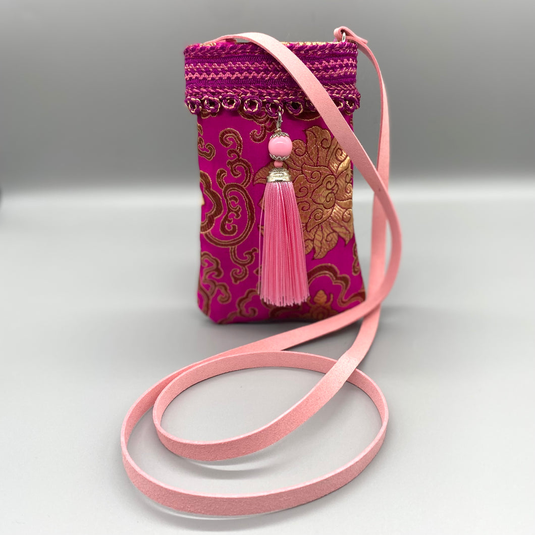 Magenta pink and gold vintage silk pink tassel cross body phone pouch bag