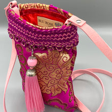 Load image into Gallery viewer, Magenta pink and gold vintage silk pink tassel cross body phone pouch bag
