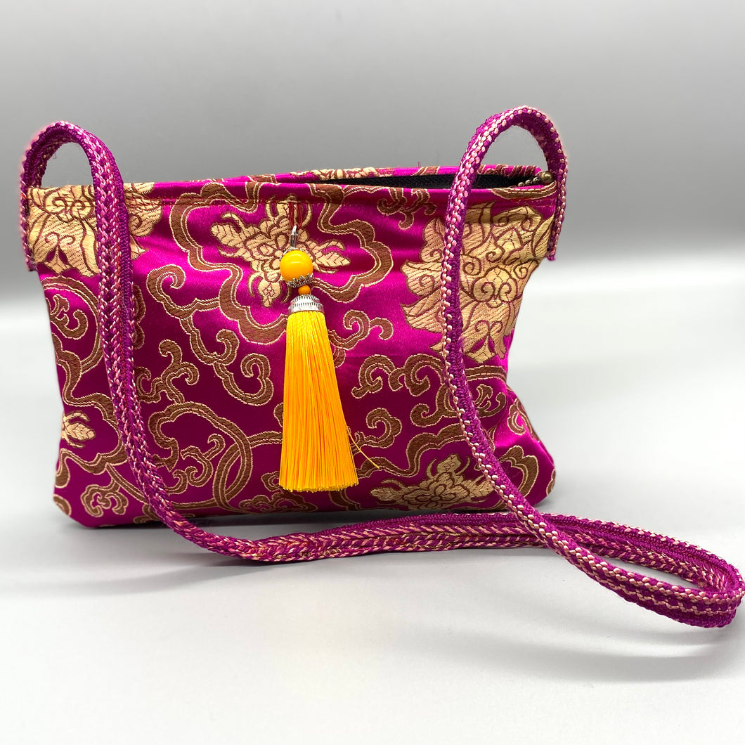 Magenta pink & gold vintage silk yellow tassel shoulder bag