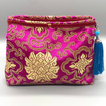 Load image into Gallery viewer, Magenta pink &amp; gold vintage silk blue tassel pouch
