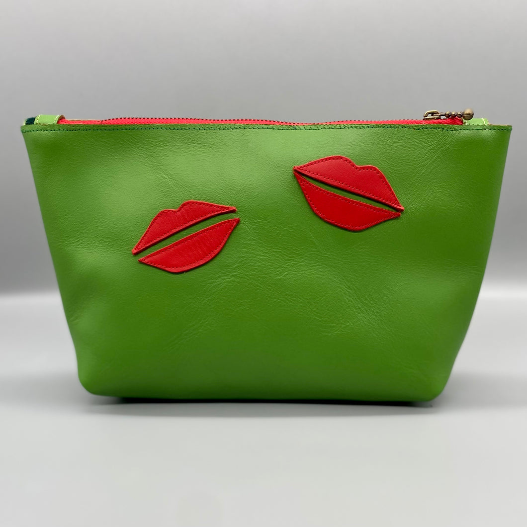 Green vegan leather lips pouch