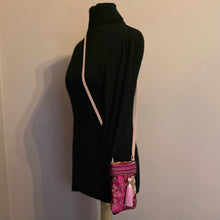 Load image into Gallery viewer, Magenta pink and gold vintage silk pink tassel cross body phone pouch bag
