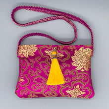 Load image into Gallery viewer, Magenta pink &amp; gold vintage silk yellow tassel shoulder bag
