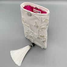 Load image into Gallery viewer, Vintage white silk and hand beaded small pouch with tassel
