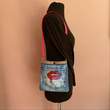 Load image into Gallery viewer, Hand painted digital denim lip drip bag
