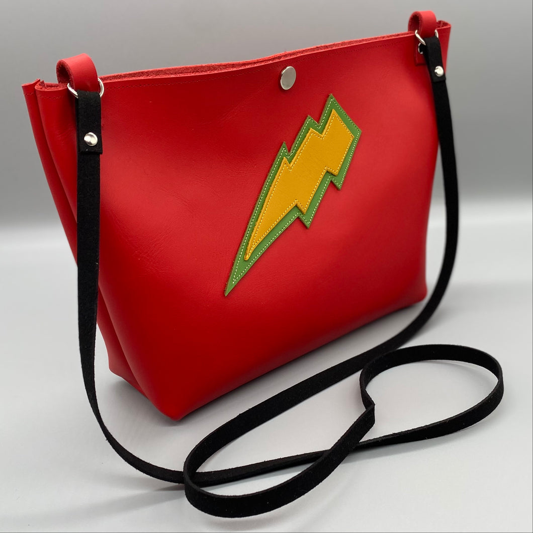 Red vegan leather lightning bolt bag