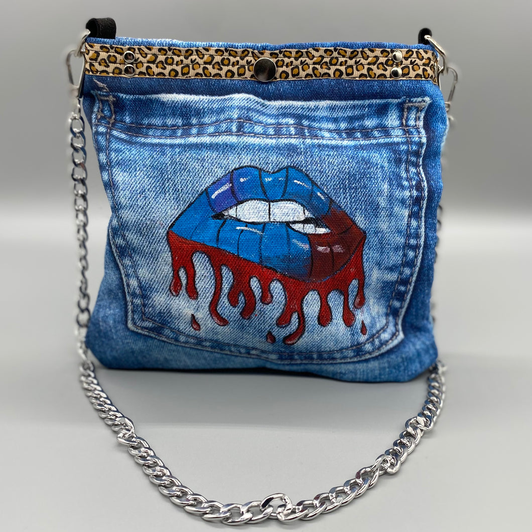 Hand painted digital denim lip bag