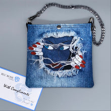 Load image into Gallery viewer, Hand painted digital denim hidden face bag
