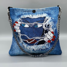 Load image into Gallery viewer, Hand painted digital denim hidden face bag
