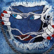 Load image into Gallery viewer, Hand painted digital denim hidden face bag
