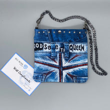 Load image into Gallery viewer, Hand painted digital denim &#39;God save the Queen&#39; bag
