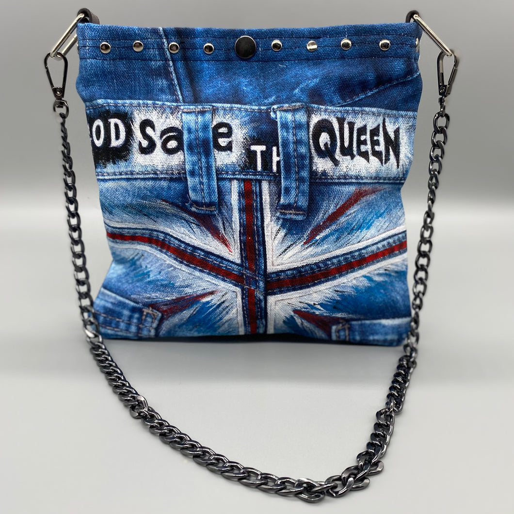 Hand painted digital denim 'God save the Queen' bag