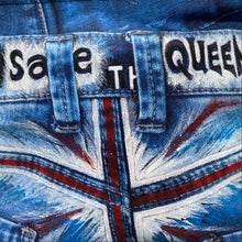 Load image into Gallery viewer, Hand painted digital denim &#39;God save the Queen&#39; bag
