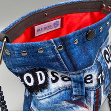 Load image into Gallery viewer, Hand painted digital denim &#39;God save the Queen&#39; bag
