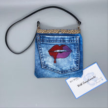 Load image into Gallery viewer, Hand painted digital denim lip drip bag
