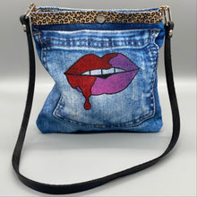 Load image into Gallery viewer, Hand painted digital denim lip drip bag
