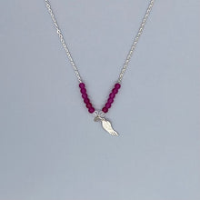 Load image into Gallery viewer, Dark pink frosted bead and sterling silver angel wing necklace
