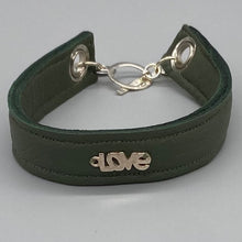 Load image into Gallery viewer, Khaki army green leather and silver &#39;Love&#39; bracelet
